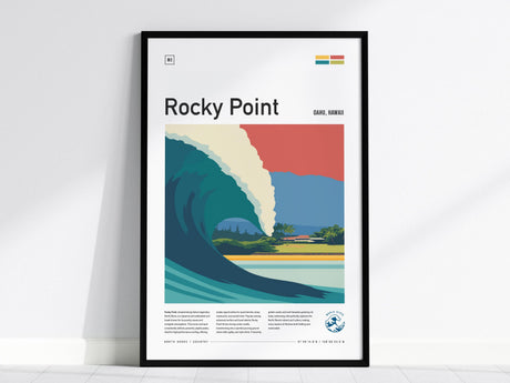 A framed artwork titled Rocky Point featuring a stylized wave with vibrant colors set against a backdrop of a beach and trees. The minimalist design highlights the iconic surf location of Oahu, Hawaii.