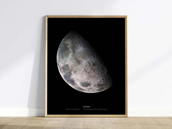 Framed print of the moon's surface on a white wall.