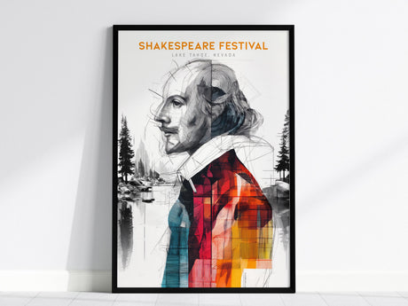 A framed poster features a modern, abstract illustration of a historical figures profile with geometric patterns. The background includes a serene lake scene with trees and rocks, and the text reads Shakespeare Festival, Lake Tahoe, Nevada.