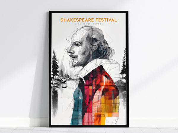 A framed poster features a modern, abstract illustration of a historical figures profile with geometric patterns. The background includes a serene lake scene with trees and rocks, and the text reads Shakespeare Festival, Lake Tahoe, Nevada.