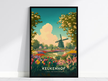 A framed poster depicts a vibrant scene of Keukenhof Gardens with colorful tulip beds, a classic windmill, and lush trees under a bright sky. The text at the bottom reads Keukenhof, Lisse, Netherlands.