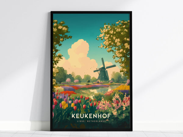 A framed poster depicts a vibrant scene of Keukenhof Gardens with colorful tulip beds, a classic windmill, and lush trees under a bright sky. The text at the bottom reads Keukenhof, Lisse, Netherlands.
