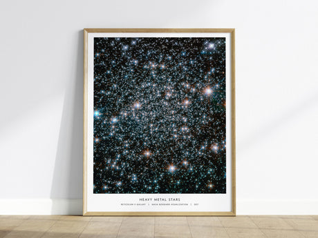 Heavy Metal Stars poster featuring a dense NASA visualization of the Reticulum II galaxy star field