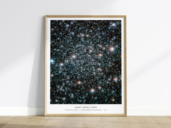 Heavy Metal Stars poster featuring a dense NASA visualization of the Reticulum II galaxy star field