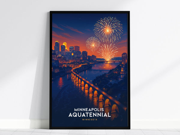 A framed Minneapolis Aquatennial poster showcases vibrant fireworks over the Stone Arch Bridge and illuminated city skyline against a twilight sky. The artwork captures the festive spirit with bold colors and a vintage travel poster style.