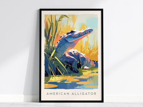This framed poster depicts a colorful illustration of an American alligator in a vibrant marshland setting. The alligators scales shimmer in blue and violet hues under golden light, surrounded by lush greenery.