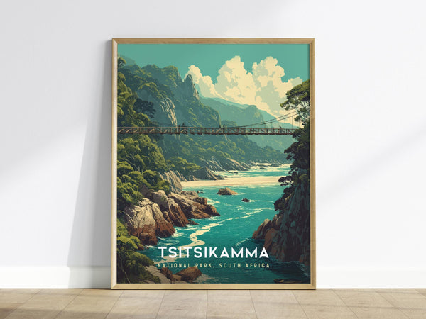 A framed poster of Tsitsikamma National Park showcasing a suspension bridge over rugged cliffs and turquoise waters, surrounded by lush green forests under a partly cloudy sky. The text reads Tsitsikamma National Park, South Africa.