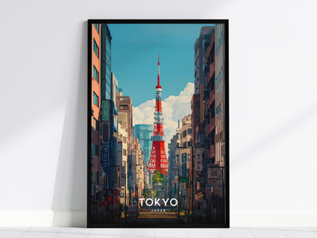A framed poster depicting a vibrant cityscape of Tokyo, featuring the iconic Tokyo Tower in vivid red hues. The tower is surrounded by modern buildings under a bright blue sky, capturing the dynamic energy of Japans capital.