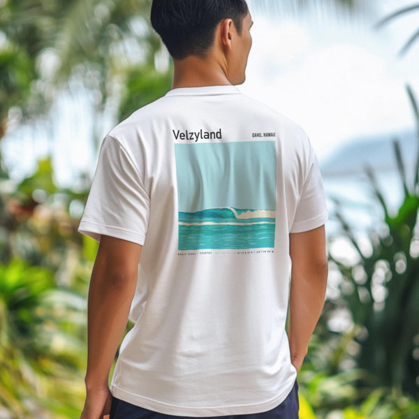 Velzyland V-Land North Shore surf pocket tee featuring vintage Oahu Hawaii design on premium cotton shirt