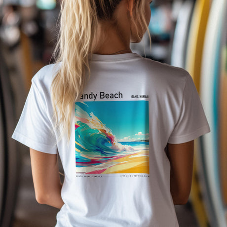 A woman with long blonde hair is wearing a white t-shirt featuring a colorful wave graphic and the words Sandy Beach, Oahu, Hawaii on the back. The background is blurred, showing surfboards.