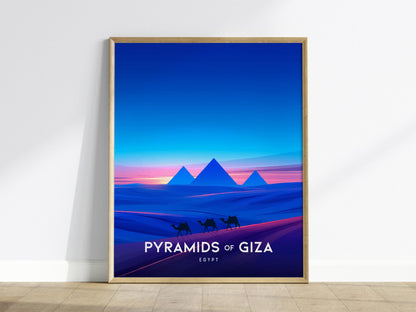 Pyramids of Giza Egypt World Wonders Camels at Dusk Framed Unframed Travel Print Wall Art