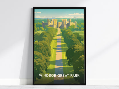 Framed poster of Windsor Great Park with a castle in the background on a white wall.