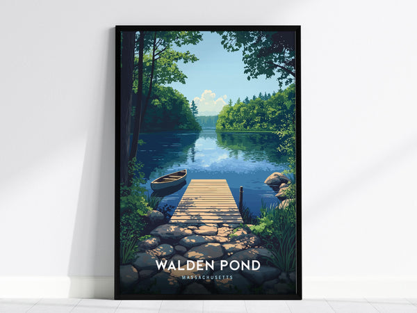 A framed poster features a serene depiction of Walden Pond with a wooden dock extending into the water and a canoe resting beside it. The lush greenery and calm waters create a tranquil scene.