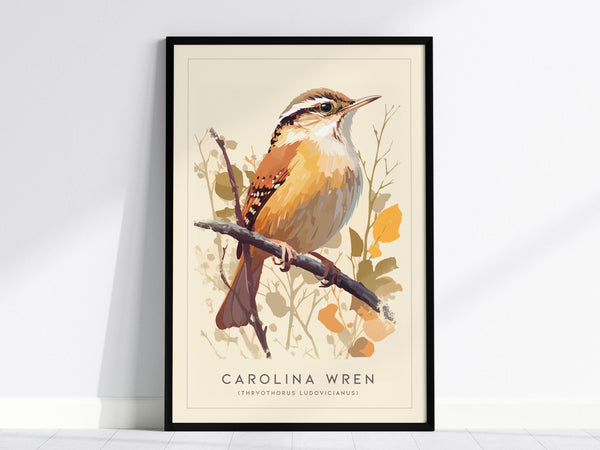 This framed art print features a detailed illustration of a Carolina Wren perched on a branch, showcasing its warm cinnamon tones.