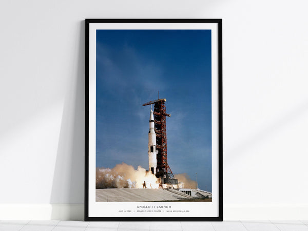 Apollo 11 launch poster featuring Saturn V rocket liftoff from Kennedy Space Center