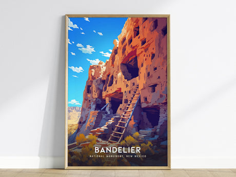 Framed artwork depicting the Bandelier National Monument, featuring vivid orange and red cliffs with ancient dwellings and a wooden ladder. The sky is bright blue with scattered clouds, enhancing the vibrant Southwest landscape.
