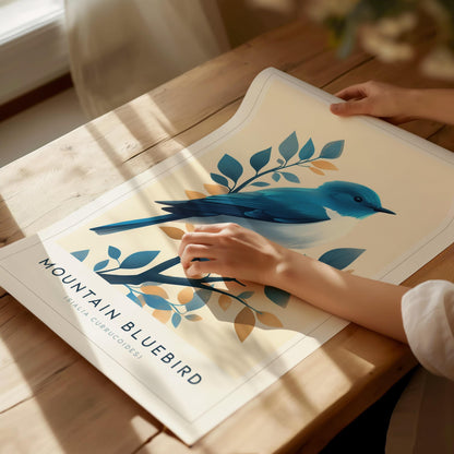 Person holding a poster with a mountain bluebird illustration on a wooden table.