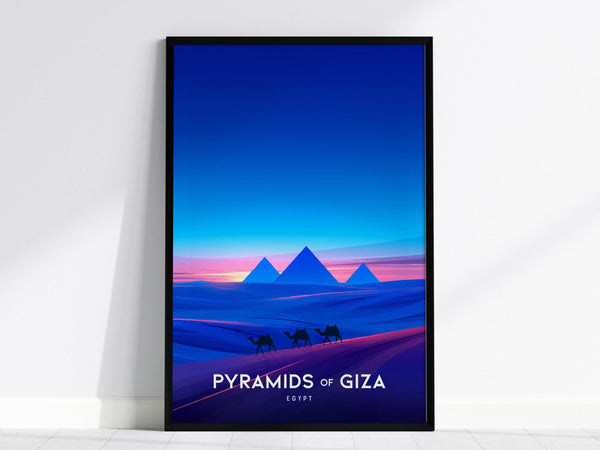 A framed poster features the Pyramids of Giza depicted in a bold, contemporary design. Camels are silhouetted against a vibrant dusk sky, with the iconic pyramids rising from the desert, creating a striking visual.
