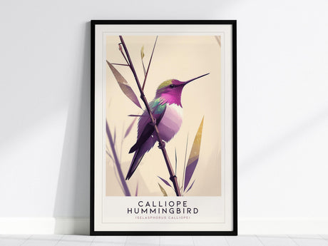 A framed illustration of a Calliope Hummingbird with vibrant magenta and purple tones perched on a branch against a soft beige background. The print is titled Calliope Hummingbird at the bottom.