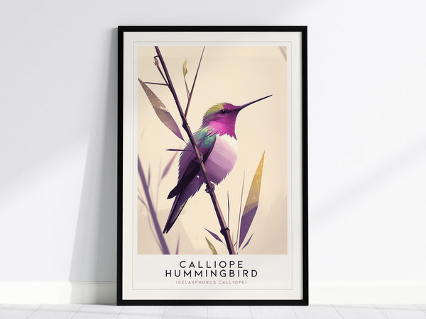 A framed illustration of a Calliope Hummingbird with vibrant magenta and purple tones perched on a branch against a soft beige background. The print is titled Calliope Hummingbird at the bottom.