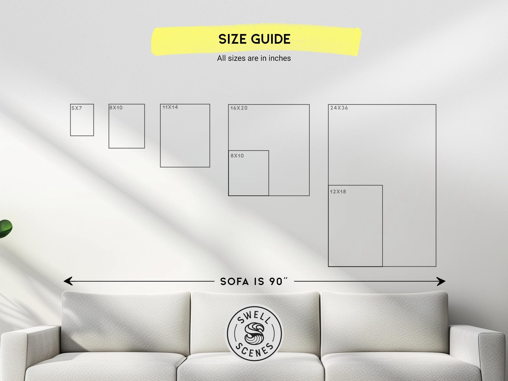 Size guide for wall art with a sofa measurement, featuring the brand 'Swell Scenes'.