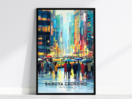 Framed artwork of Shibuya Crossing in Tokyo, Japan, with people crossing the street at night.
