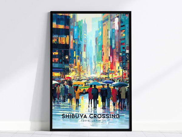 Framed artwork of Shibuya Crossing in Tokyo, Japan, with people crossing the street at night.