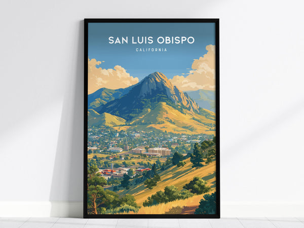 Framed poster of San Luis Obispo, featuring Bishop Peak under a blue sky with fluffy clouds. The vibrant illustration showcases rolling golden hills and lush greenery, capturing the scenic beauty of Central Coast California.