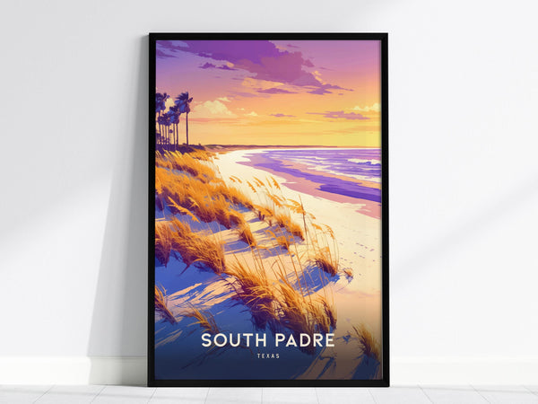 Framed poster depicting a vibrant South Padre Island sunset with golden hues over the beach and ocean. Tall grasses and palm trees accentuate the coastal scene, with South Padre Texas text at the bottom.