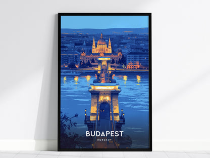 Budapest Chain Bridge Hungary Night Skyline Framed Unframed Travel Print Wall Art
