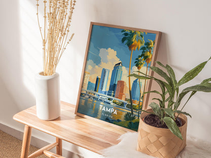 Framed poster of Tampa, Florida on a wooden table with plants and a vase.