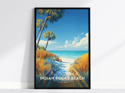 Interior view showing framed and unframed wall art depicting a serene boardwalk and turquoise waters of Indian Rocks Beach.