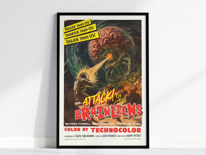 Interior view showing framed and unframed wall art posters depicting cosmic chaos and quirky aliens in a retro style.