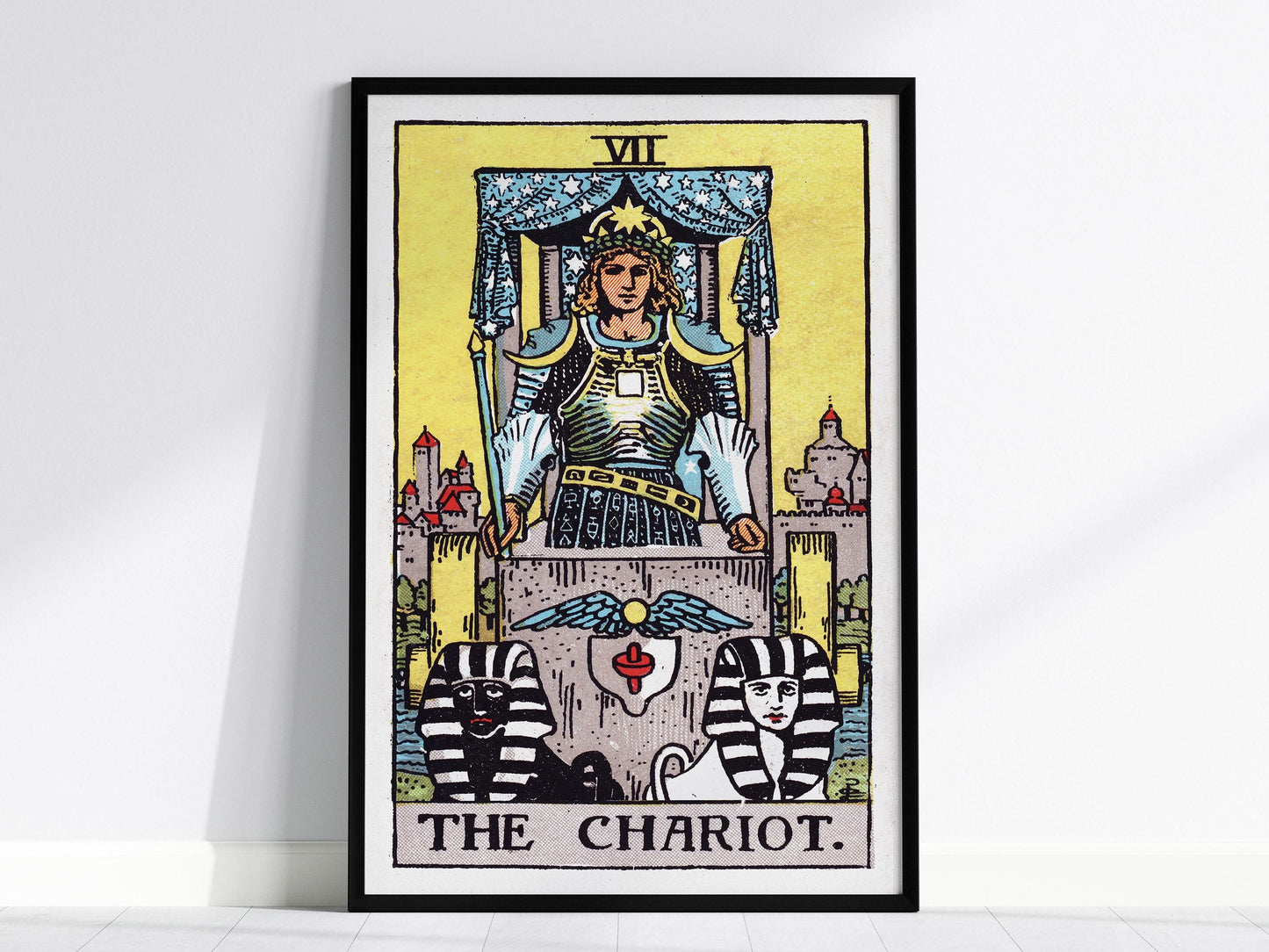 Framed tarot card print titled 'The Chariot' on a white background