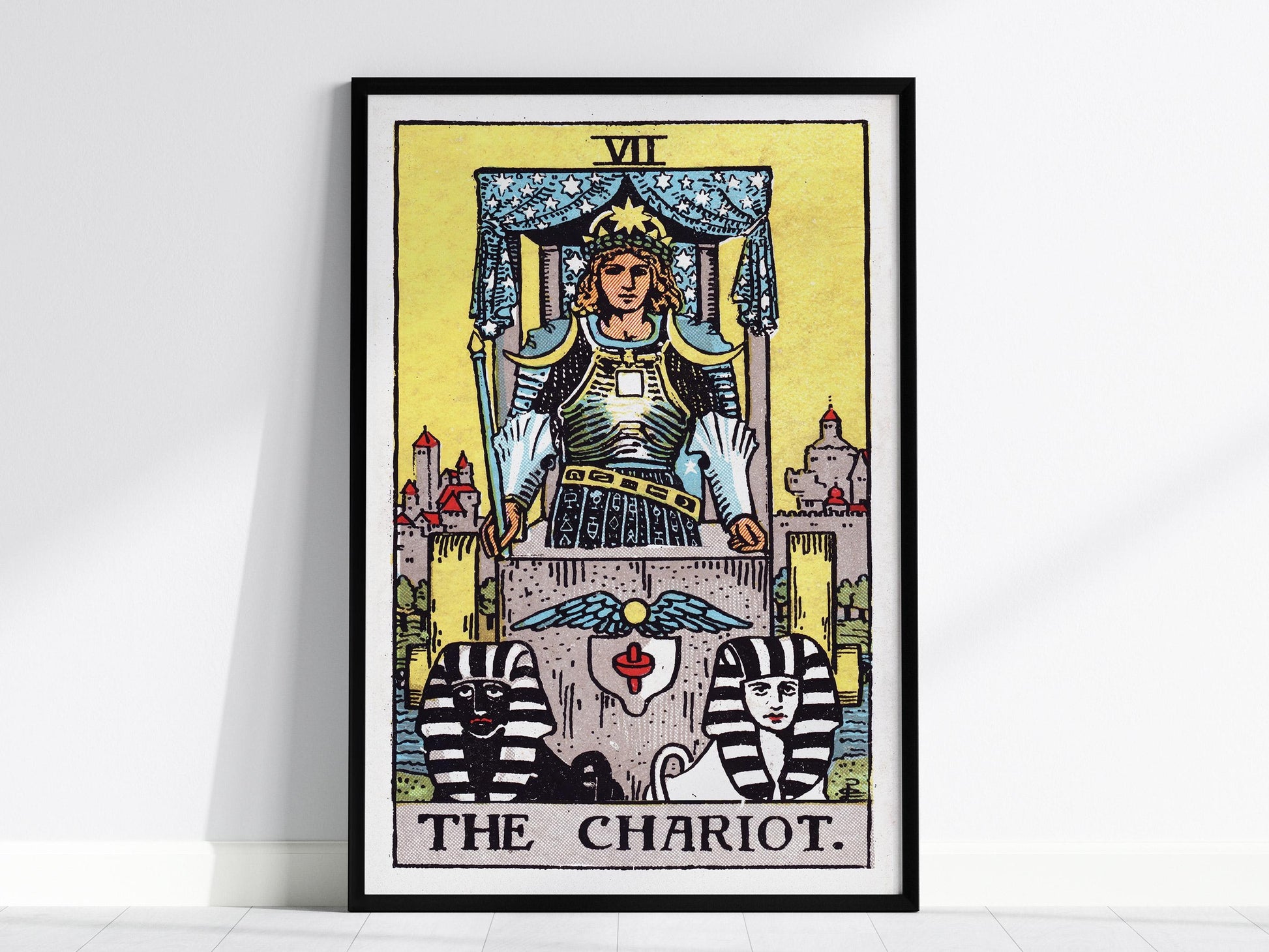 Framed tarot card print titled 'The Chariot' on a white background