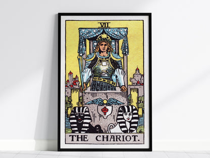 Framed tarot card print titled 'The Chariot' on a white background