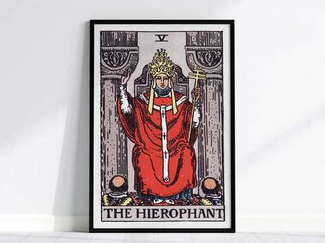 A framed poster of The Hierophant tarot card is displayed, featuring a figure in red robes and a crown, holding a staff. The card number V is at the top, with intricate column designs on either side.