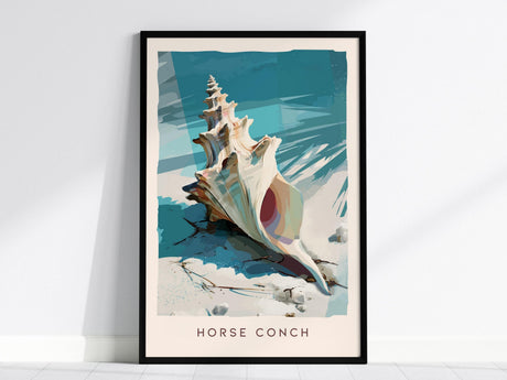 A framed poster features an artistic illustration of a horse conch shell on a textured blue and white background. The shells intricate spirals are highlighted, and Horse Conch is written at the bottom.