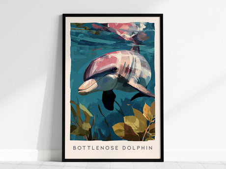 A framed poster featuring an artistic depiction of a bottlenose dolphin swimming underwater, surrounded by abstract aquatic plants. The vibrant colors and geometric brush strokes create a dynamic and modern aesthetic.