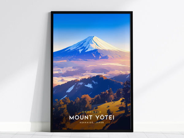 A framed poster of Mount Yōtei, depicting the mountain with snow-capped peaks against a vibrant blue sky. The foreground features stylized autumn trees and fields, with text at the bottom reading Mount Yōtei, Hokkaido, Japan.