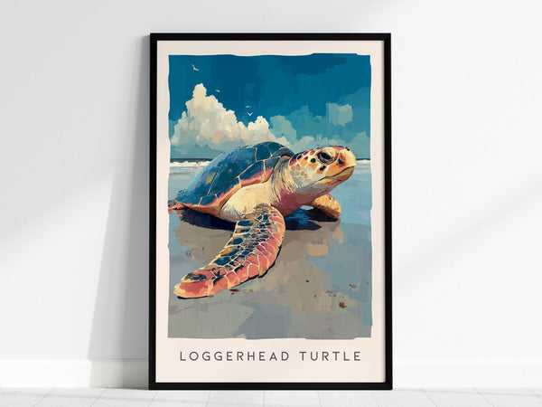 A framed poster illustrating a loggerhead sea turtle resting on a beach, with a vibrant blue sky and fluffy clouds in the background. The turtles detailed shell and scales are highlighted, capturing its natural beauty.