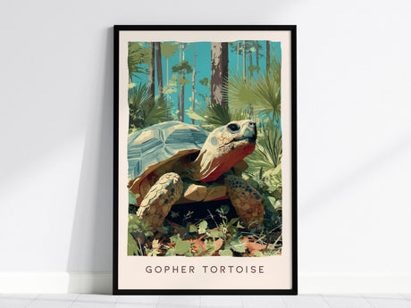 This framed illustration features a gopher tortoise in a vibrant longleaf pine forest, highlighting its textured shell and curious expression. The artwork captures the lush greenery and natural habitat.