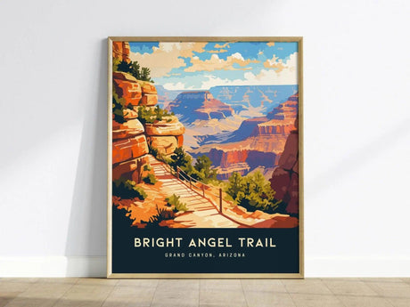 A vibrant poster featuring the Bright Angel Trail at the Grand Canyon, showcasing colorful rock formations and a winding path that leads into the canyon.