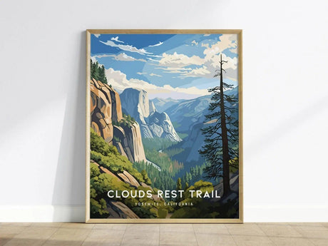 A vibrant poster of Clouds Rest Trail in Yosemite National Park, showcasing sweeping granite cliffs and lush valleys under a bright blue sky.