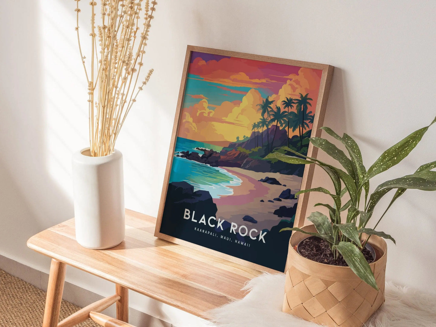 Black Rock, Kaanapali, Maui, Hawaii - Wall Art Poster Design Travel Beach Ocean Tropical Hawaiian Lahaina Print Gift