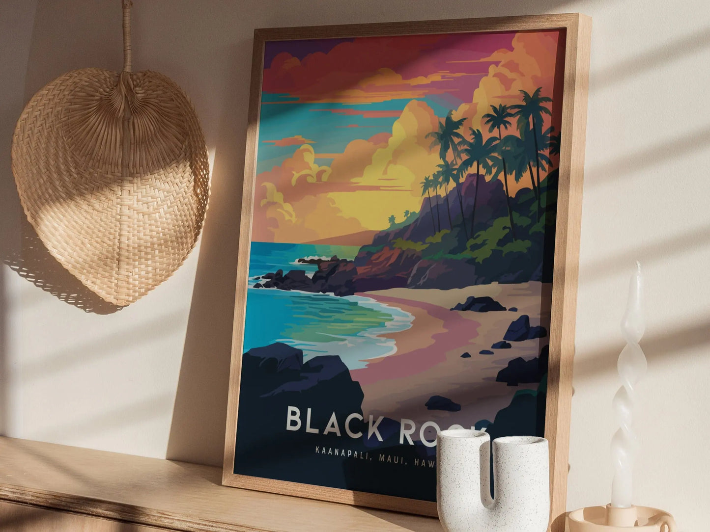 Black Rock, Kaanapali, Maui, Hawaii - Wall Art Poster Design Travel Beach Ocean Tropical Hawaiian Lahaina Print Gift