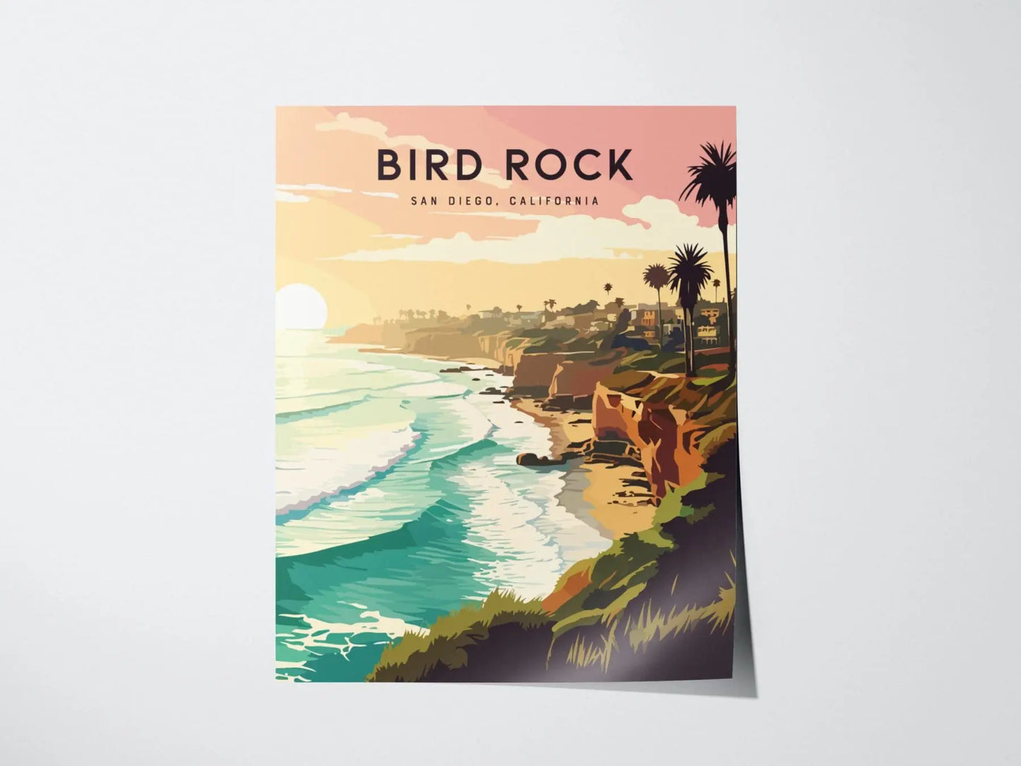 Bird Rock, San Diego, California - Wall Art Poster Design Travel Print Surfer Surfing Spot Waves Ocean Beach Gift