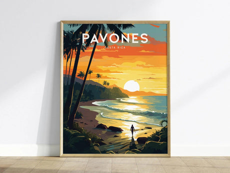 Pavones Costa Rica poster showing Golfo Dulce sunset with palms and shoreline