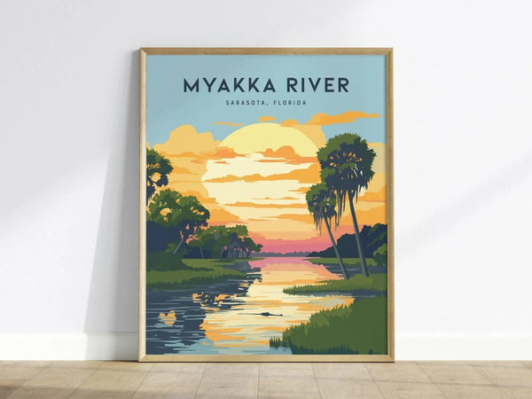 A vibrant poster featuring a serene sunset over the Myakka River in Sarasota, Florida. The artwork showcases lush palm trees, reflective water, and a colorful sky, creating a calming atmosphere perfect for any living space.