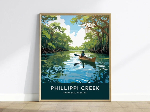 A vibrant poster depicting a serene scene at Phillippi Creek in Sarasota, Florida, featuring a lone kayaker paddling through a calm, mangrove-lined waterway.